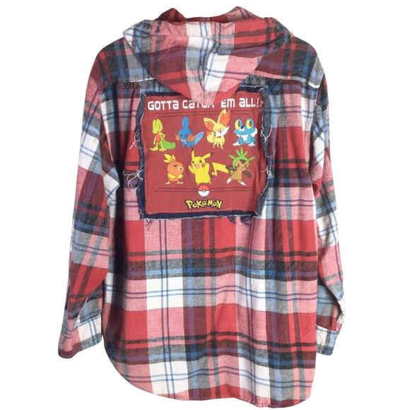 Reworked Pokemon Hoodie FLANNEL w/ distressed DENIM Jean tee shirt patch Red Med - Picture 1 of 6